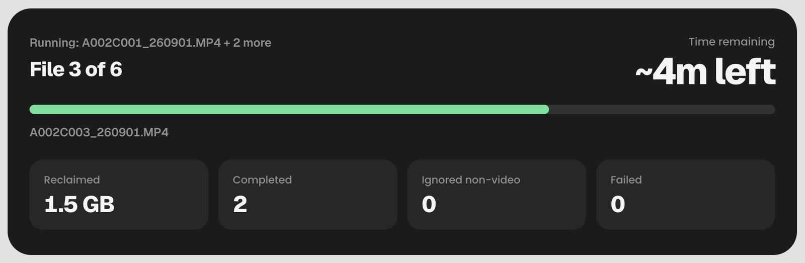 SkinnyVideo compressing a batch of 4K H.264 clips to HEVC with per-file progress