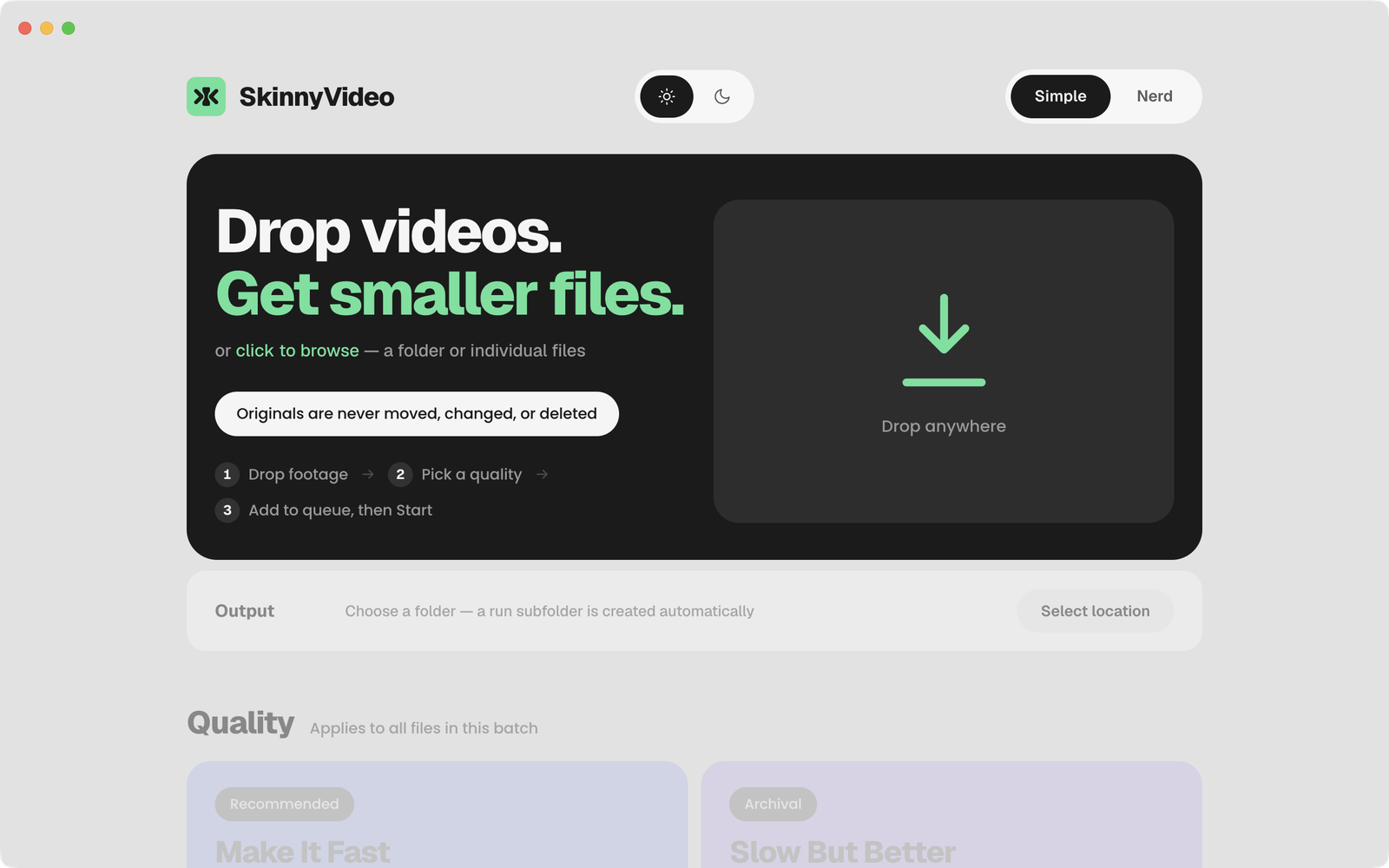 SkinnyVideo main window on a Mac, ready to batch-compress a folder of camera footage to HEVC