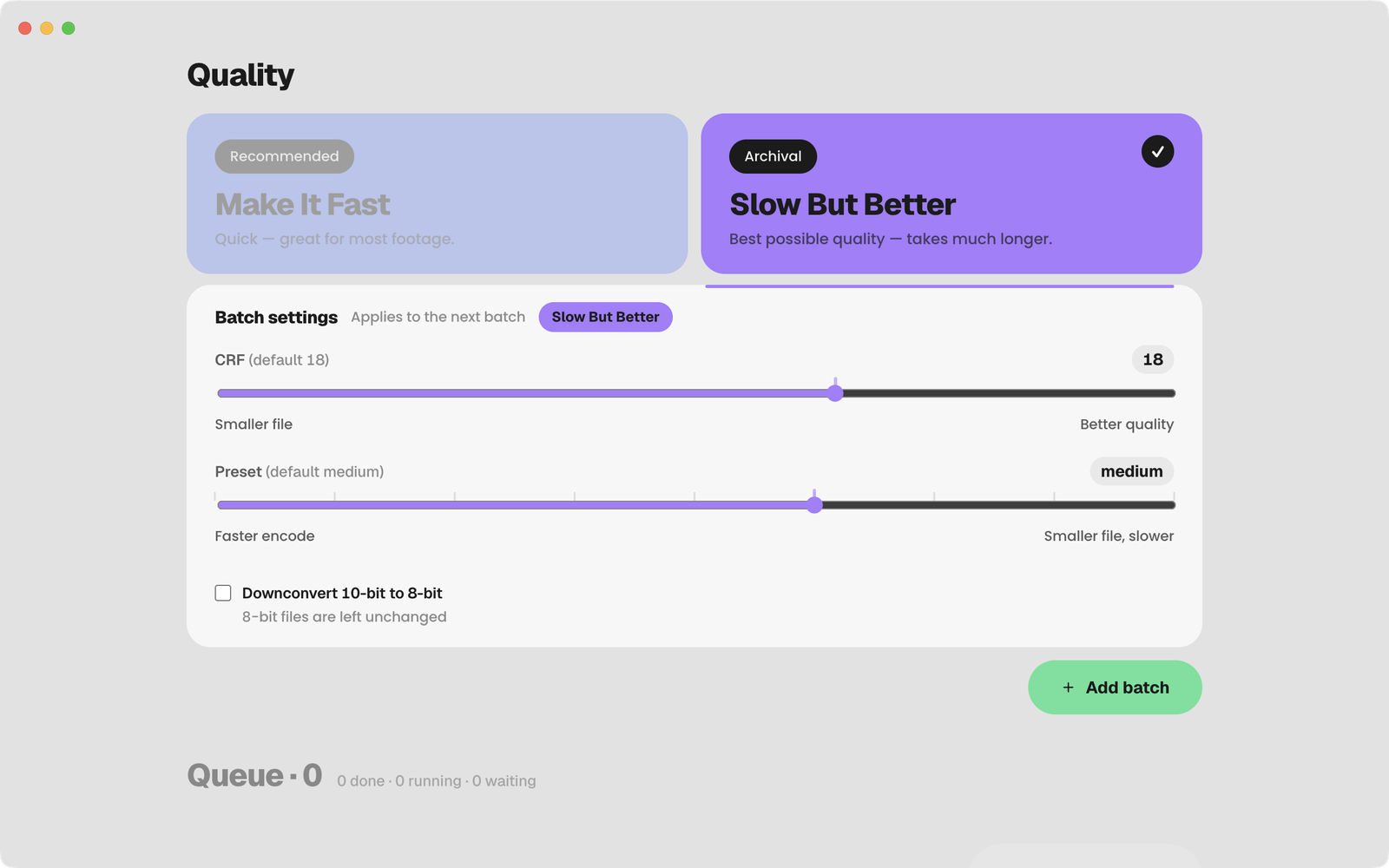SkinnyVideo Nerd Mode showing CRF, x265 preset and VideoToolbox quality controls